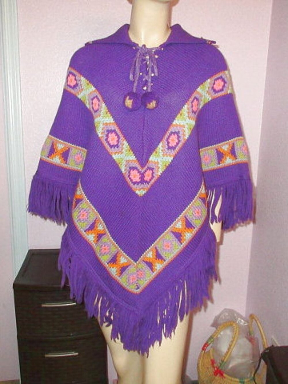 Vtg 70s Crochet Poncho Heavy Knit Sweater Coat Fringe Poms Boho Aztec Southweste